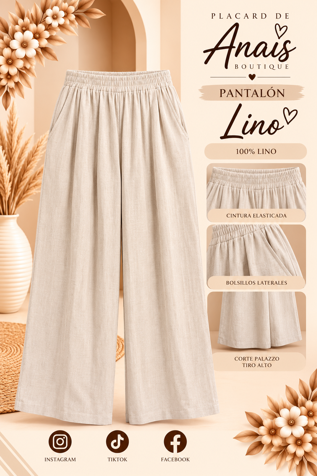 Pantalón de lino beige con pinzas delanteras