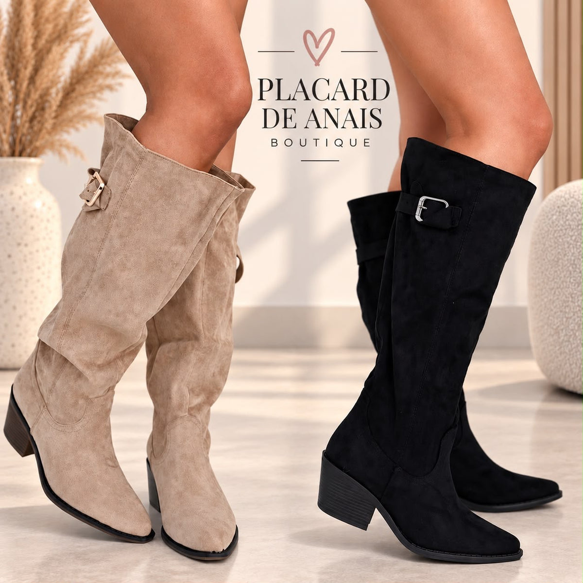 🖤 Bota Alta Gamuza con Hebilla Ajustable