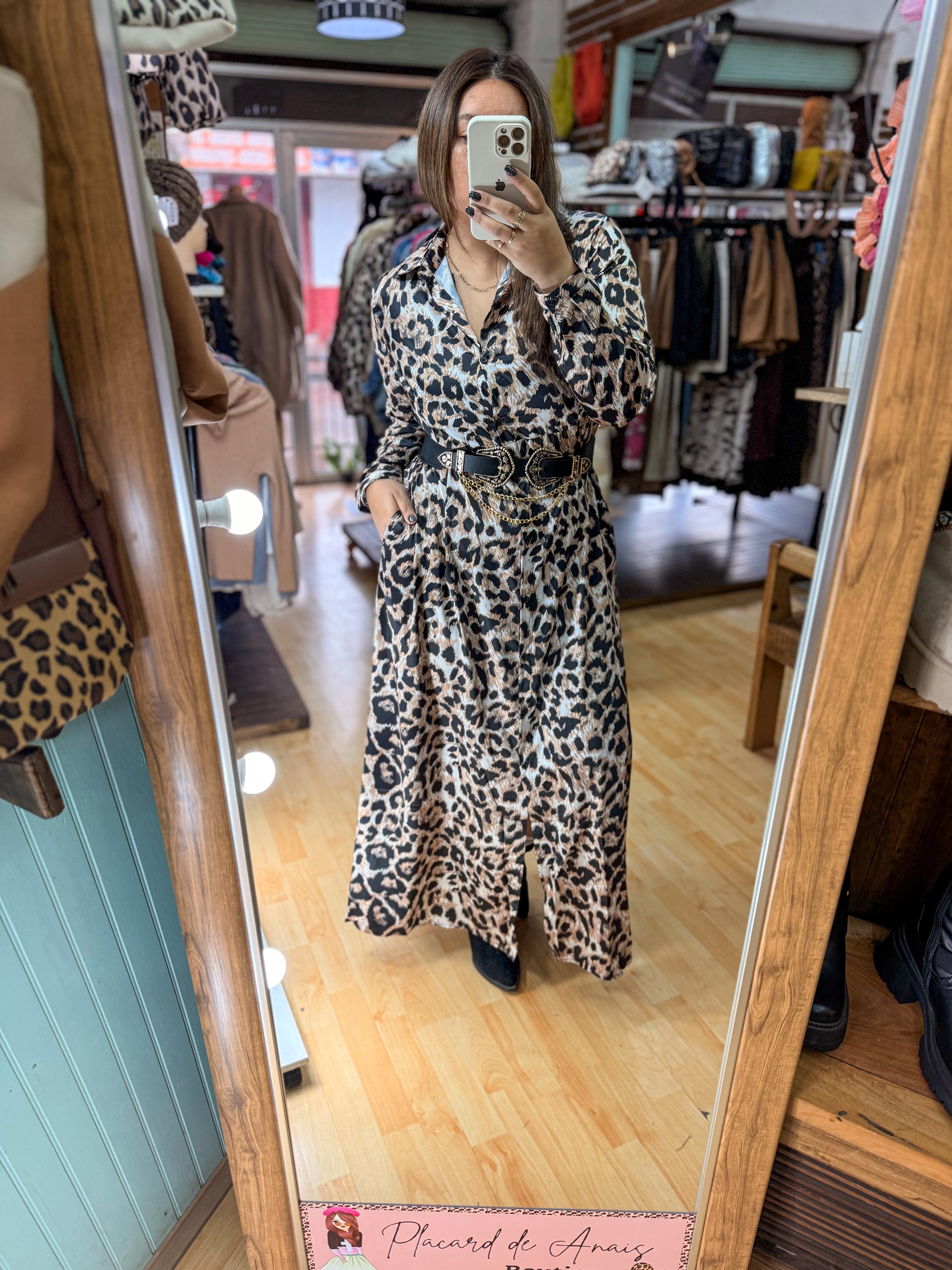 🤎Vestido Camisero Valentina Satin Leopard