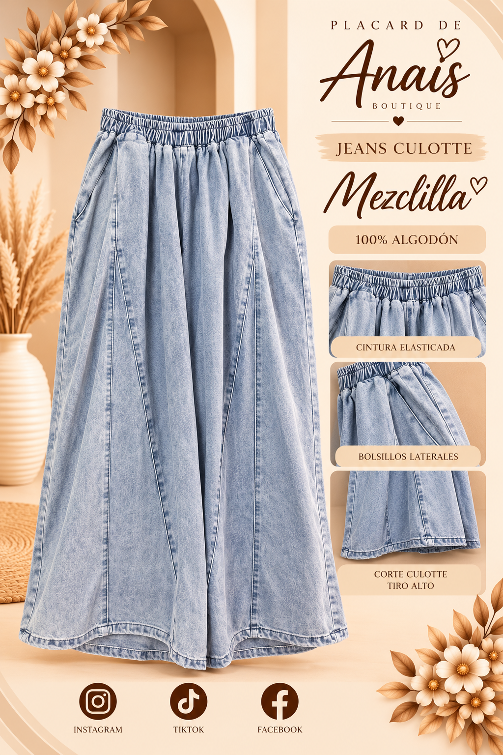 Jeans culotte azul claro con cintura elasticada