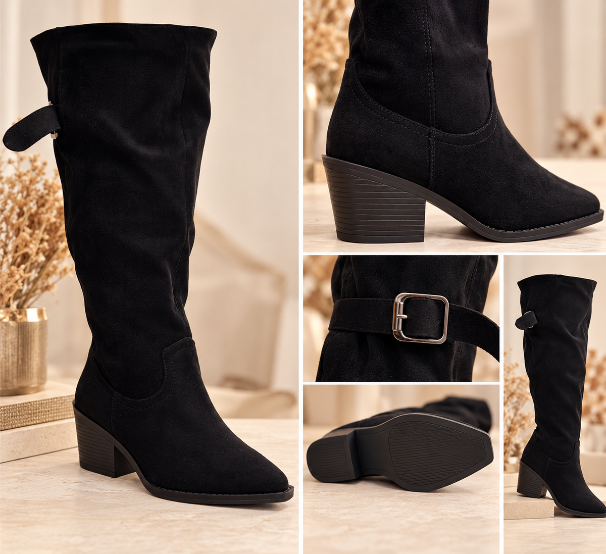 🖤 Bota Alta Gamuza con Hebilla Ajustable