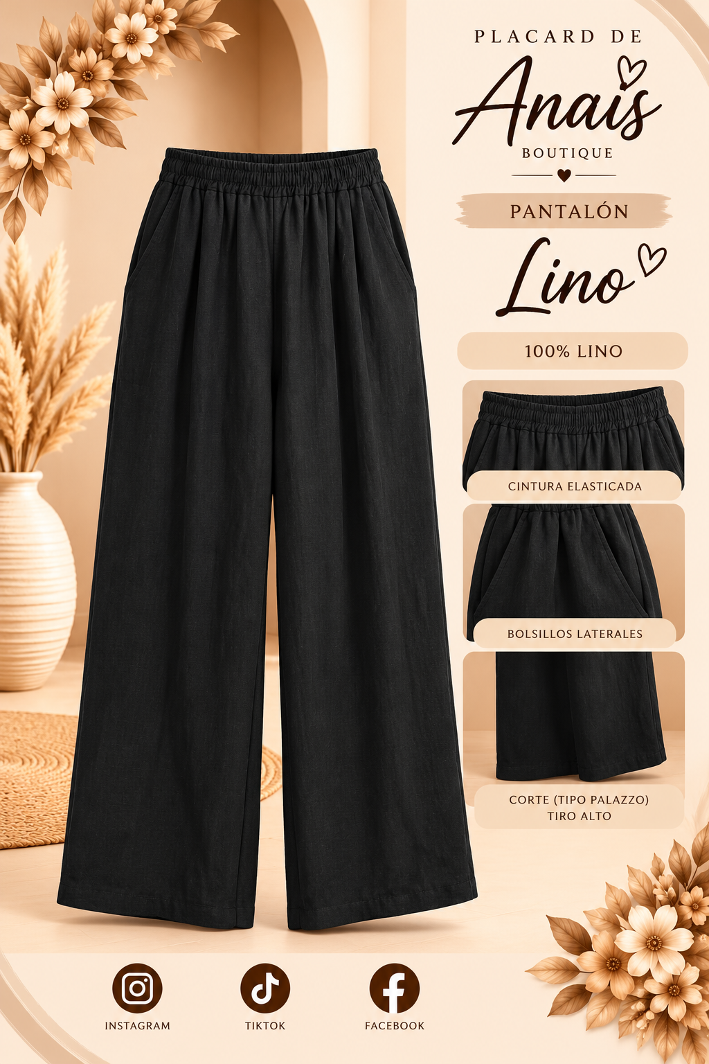 Pantalón de lino black con pinzas delanteras