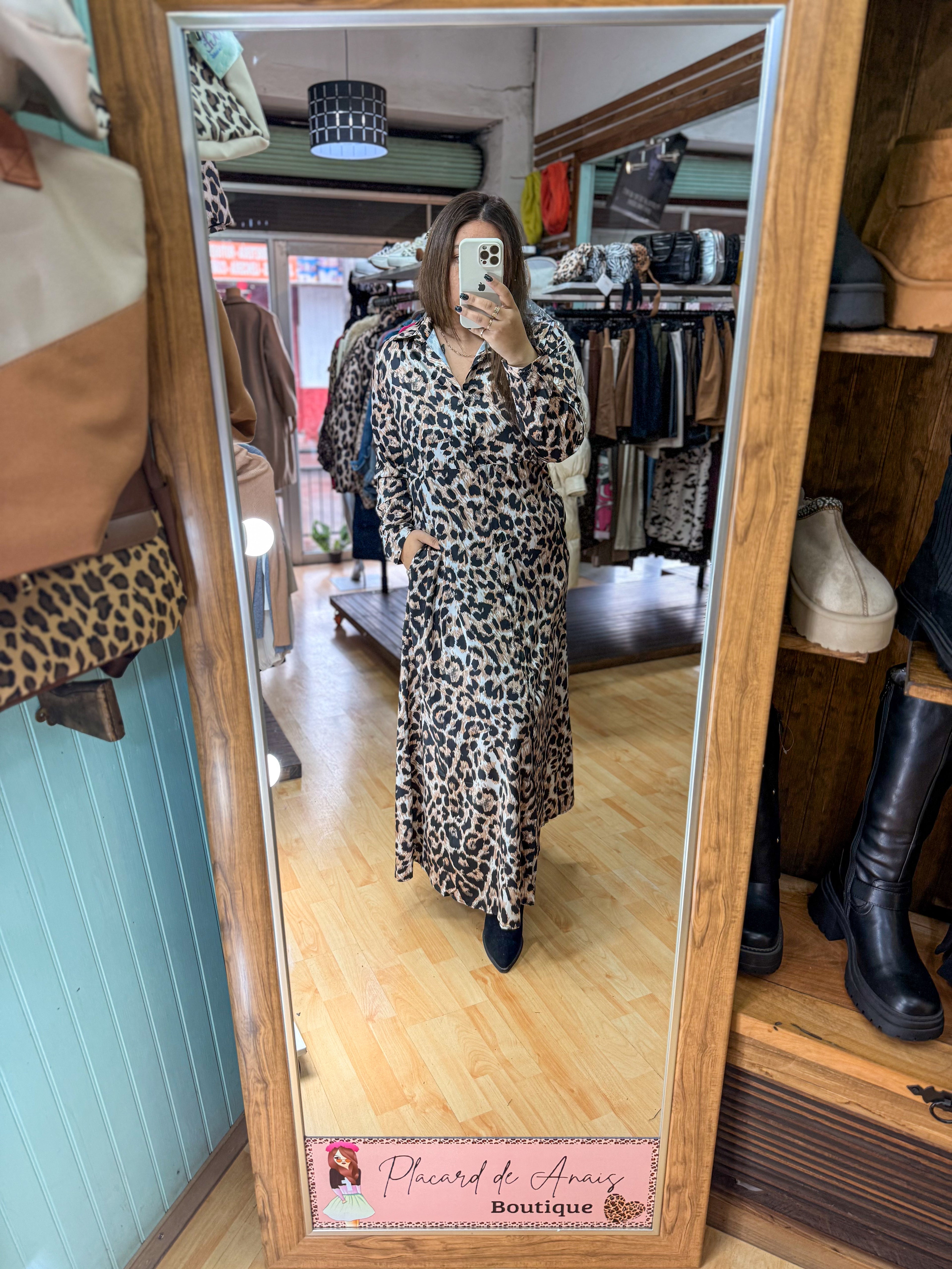 🤎Vestido Camisero Valentina Satin Leopard
