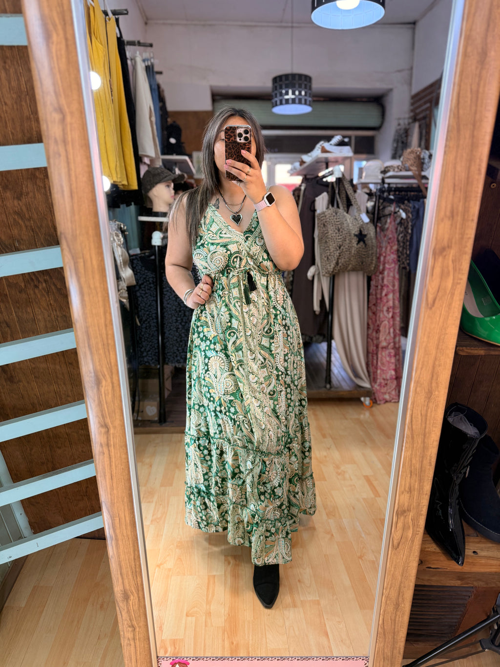 ✨Vestido Largo Paisley Verde con Lazo Ajustable 🌿