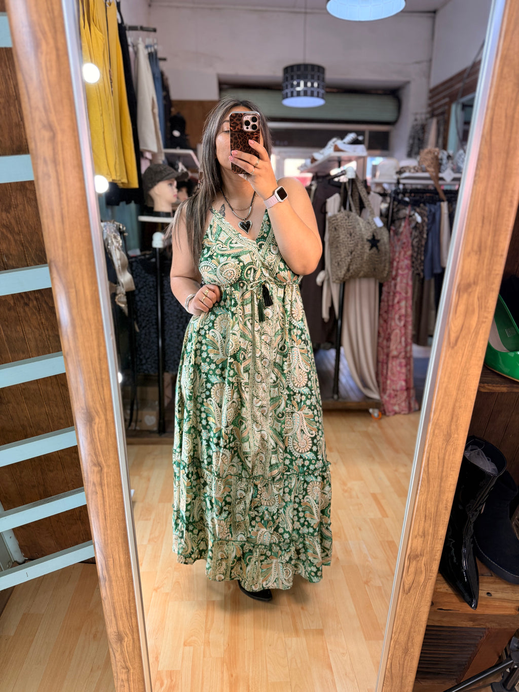 ✨Vestido Largo Paisley Verde con Lazo Ajustable 🌿