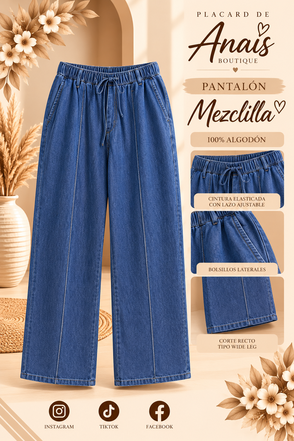 💙Pantalón de mezclilla wide leg con pretina elasticada